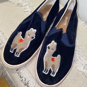 Soludos blue velvet llama shoes